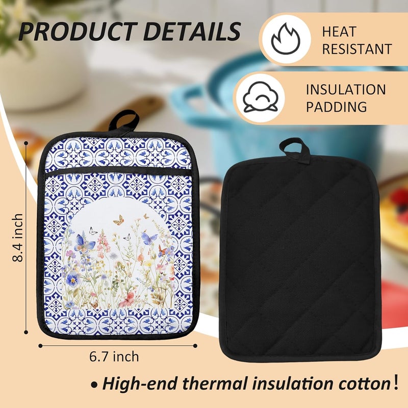 HUGANE Colorful Wildflowers Floral Oven Mitts Set, Blue and White Heat Resistant Kitchen Oven Gloves for Baking and Cooking,Pot Holders - Image 2